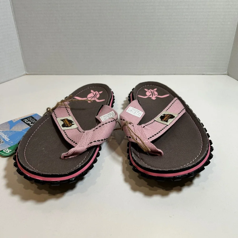 Gumbies Island Sandals Womens 9.5 Flip Flops Pink Canvas Summer Beach Turtle